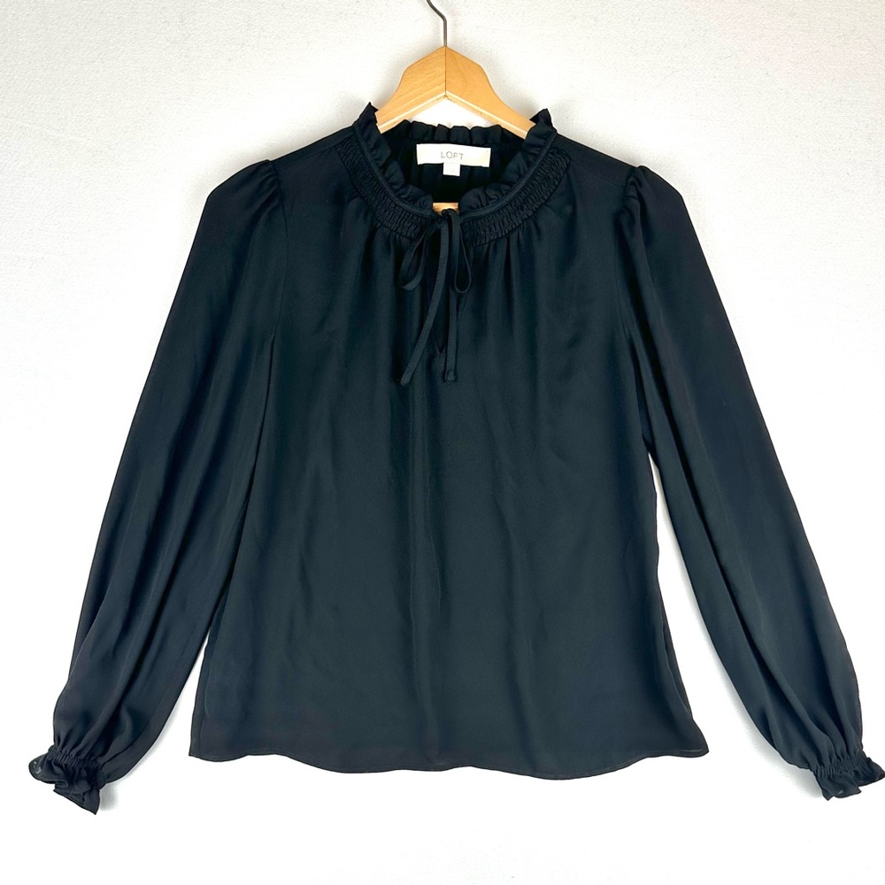 Loft Split Tie Neck‎ Ruffle Blouse Peasant Office Semi Sheer